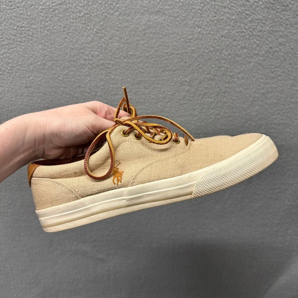 Polo Ralph Lauren Sneakers Mens 8.5 D Vaughn Flax Linen Suede Tan Brown Preppy